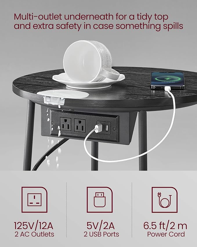 VASAGLE Side Table with Charging Station,Fabric Basket, Round End Table - Image 4