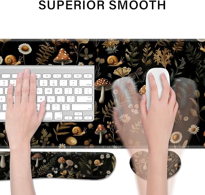 Desk Pad and Keyboard Wrist Rest, Large Mouse Pad + Keyboard Pad+Mouse Wrist Support, Non-Slip Desk Mat Protector for Office, Home 31.5×11.8 Inches Mushroom - Image 3