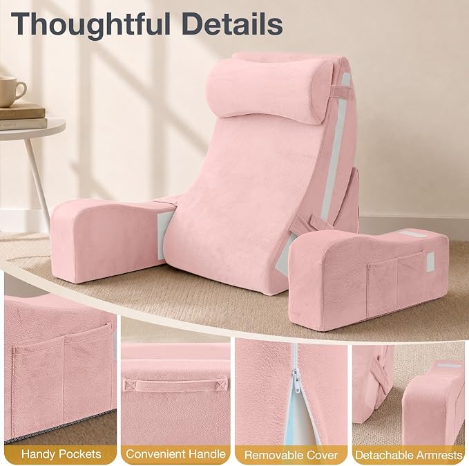 Sasttie 15-25 inch Adjustable Reading Pillow with Armrests, Pink | Back Rest Pillow with Secure Side Straps, Memory Foam Back Support Cushion Bed Chair for Reading, Gaming & Relaxing - Image 4