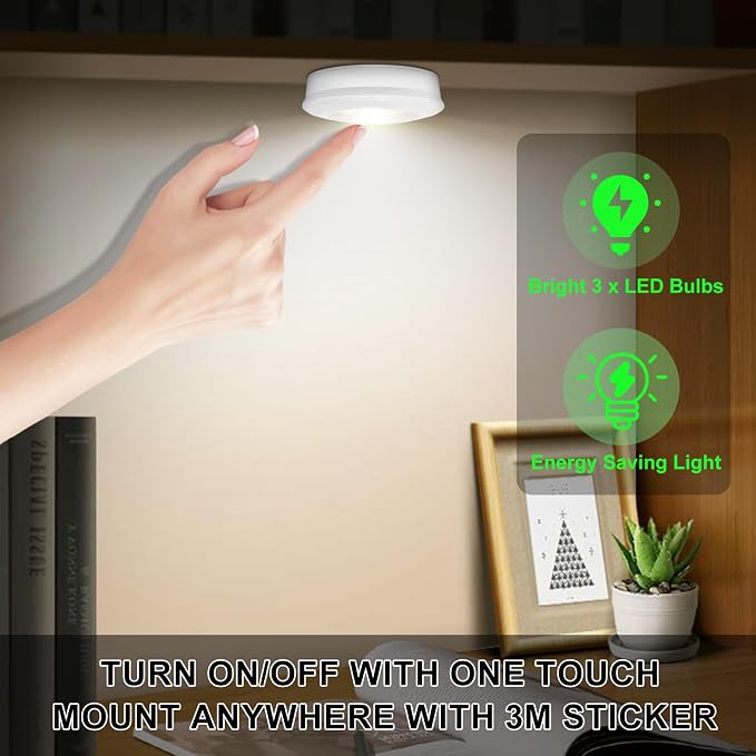 BIGMONAT LED Puck Light, Stick on Lights, Closet Lights Battery Operated, Tap Lights, 60 Lumens Touch Light, Under Cabinet Lighting, Ideal for Kitchen Cabinets, Closets, Garage and More, 3-Pack, White - Image 6