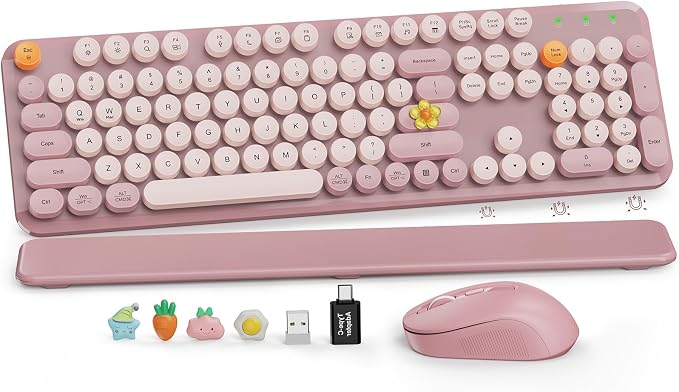 Wireless Keyboard and Mouse Combo, Full-Size Typewriter-Style Keyboard with Round Keycaps, Magnetic Wrist Rest, Tilt Legs, 2.4GHz Cordless for Mac, Windows PC, Laptop, SABLUTE CK23, Dusty Rose by SABLUTE