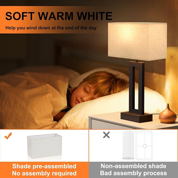 Nightstand Table Lamps for Bedrooms Set of 2 - Touch Bedside Lamp with USB C+A, 3 Way Dimmable Living Room Lamps for End Tables Set of 2, Modern Night Stand Lamps for Bed Side Guest Room(Cream) - Image 6