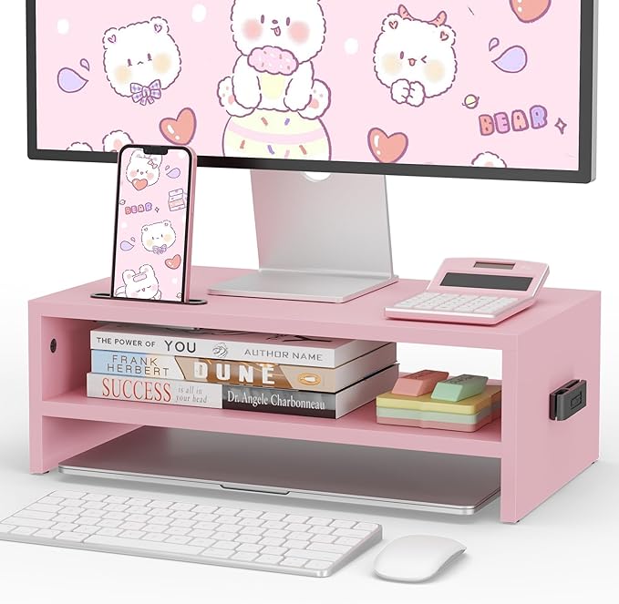 BONTEC Wooden Monitor Stand Riser for Desk, 2-Tier Computer Monitor Stand | 66 lbs Desk Shelf Organizer with Storage, Laptop & Printer Stand with Phone Holder and Cable Management, Pink, 16.5 Inch by BONTEC