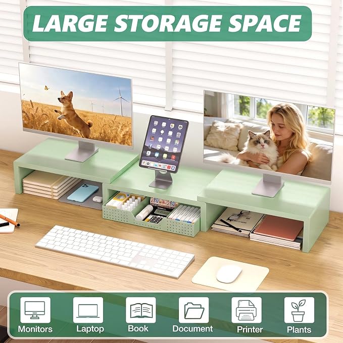 OPNICE Dual Computer Monitor Stand Riser, Desk Organizer with Drawer, Office Desk Accessories & Workspace Organizers for Home Office Supplies, Green - Image 4