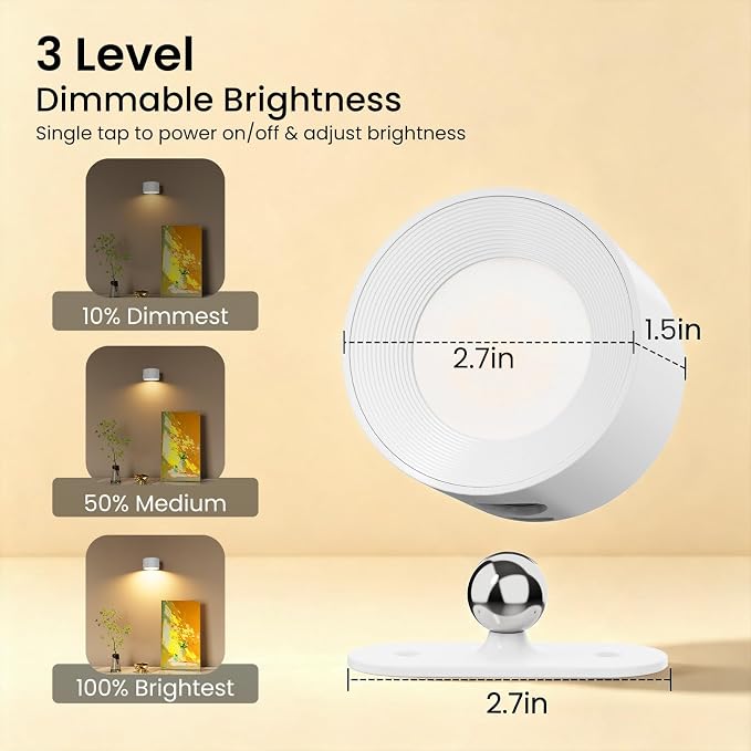 Koopala 2PACK LED Wall Lamps with Rechargeable Battery Operated, Wall Mounted Lights with 3 Brightness 3 Color Temp Removable Charging 360°Rotate Magnetic, Cordless Wall Sconces for Reading Bedside - Image 3