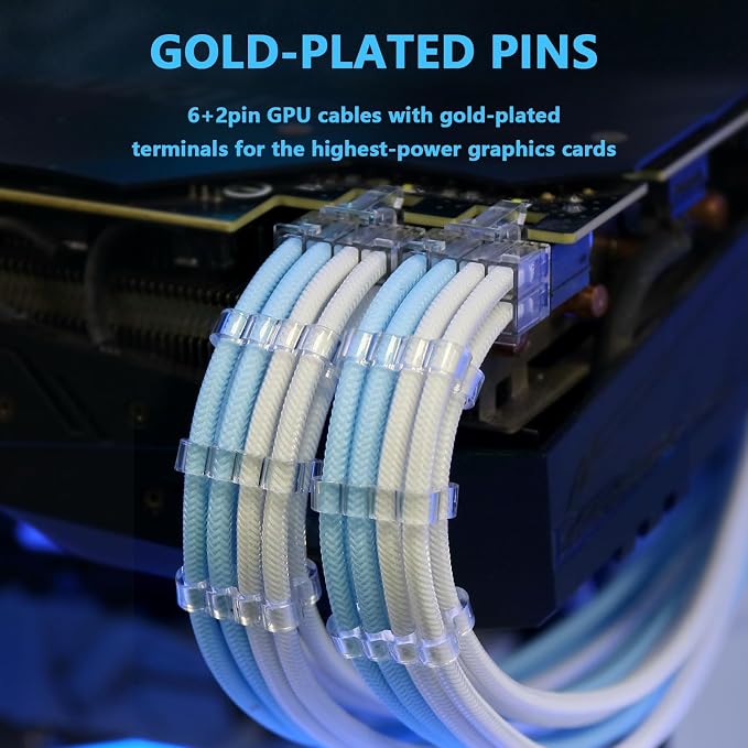Sirlyr PSU Cable Extension,Customed Pre-Bend PC Power Supply Cable,1x 24 Pin ATX / 1x 8 (4+4) Pin EPS/Longer 2X 8 (6+2) Gold-Plated Pin Pcie,Nylon Sleeved Blue White,4 Kits - Image 5
