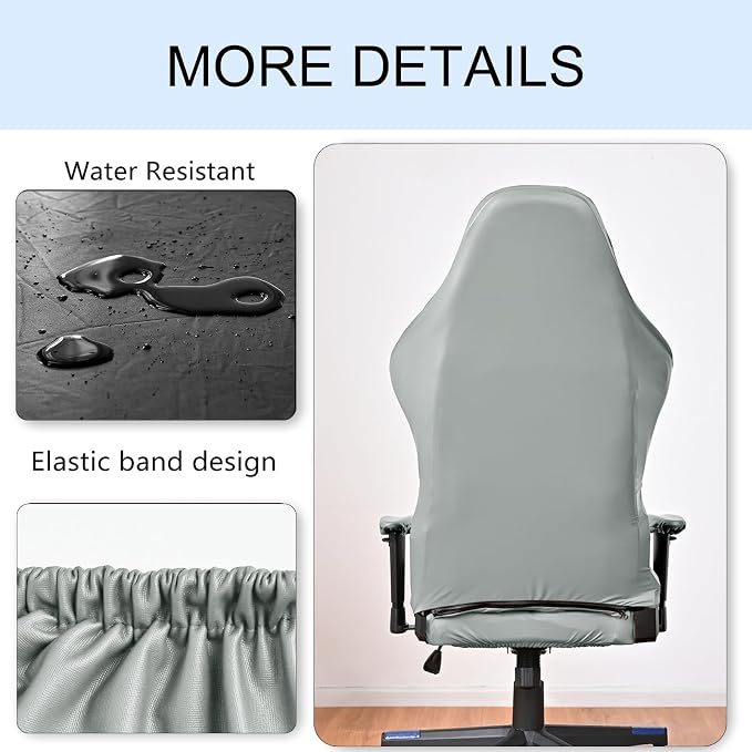 Waterproof Leather Look Gaming Chair Cover, Ergonomic Office Computer Faux PU Leather Game Chair Slipcovers, 4pcs Set Anti-Slip Stretchy Covers for Reclining Racing Gaming Chair (Light Grey) - Image 5