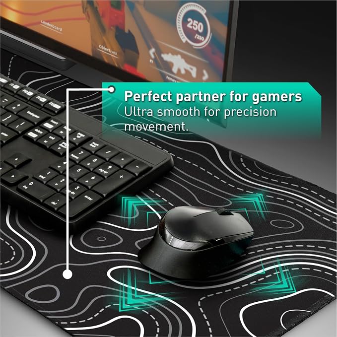 Pixiecube Minimalist Topographic Map Mouse Pad - Contour Extended Large Stitch Edge Mousepad. Black & White Non-Slip XXL Gaming Desk Mat - Image 5