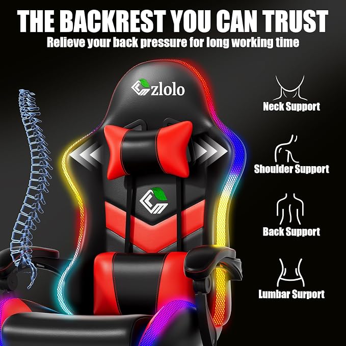 Czlolo Gaming Chair, RGB LED Lights Computer Chair with Footrest, Lumbar Support Massager Gamer Chair, High Back, 90-135° Reclining, Linkage Armrests, Crimson - Image 6