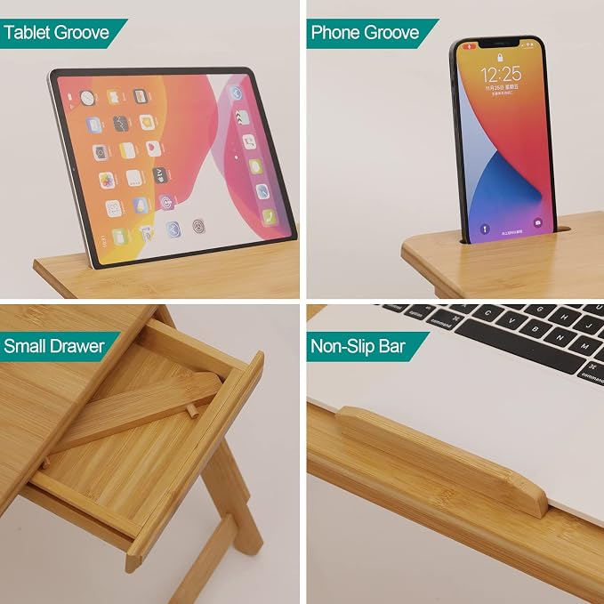 Lap Desk COIWAI Laptop Table Bamboo Writing Eating Bed Tray Adjustable Angle Height Foldable Desk Tray with Tablet Slot Drawer Breakfast Coffee Tea Table for Sofa Couch Floor Large Size - Image 7