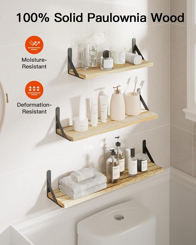 Amada Solid Paulownia Wood Wall Shelves, Large Size, 6 Pcs, Natural Wood - Image 6