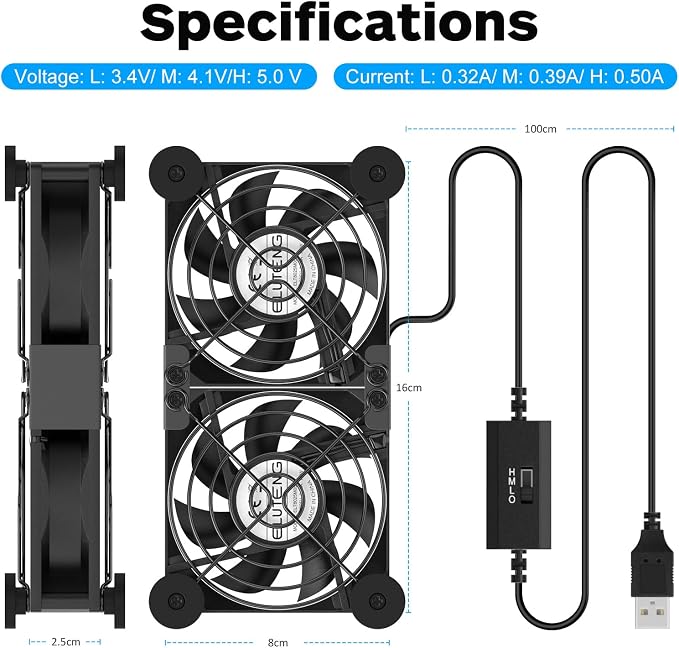 ELUTENG Dual Cooling Fan Whisper Quiet 80mm USB Fan 3 Adjustable High Speed - Image 8