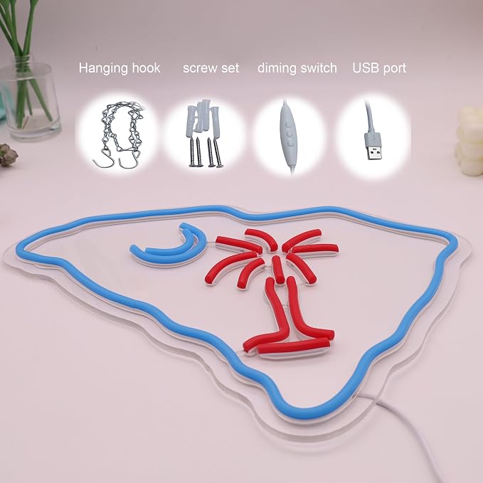 South Carolina Flag Neon Light Sign Palmetto Tree Moon Neon Sign USB Powered for Room Decor S.C. Flag LED wall sign Tree moon Neon Signs Led Neon Light sign for Wall Decor Game Room Man Cave Pub Party Birthday Gifts 15.32*11.6 Inch - Image 5