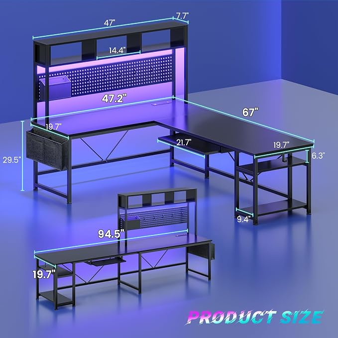 SEDETA 67" L Shaped Gaming Desk with Pegboard LED Lights and Power Outlet | Reversible Computer Desk with Keyboard Tray Hutch and Stoage Bag for Home Office, Black - Image 2