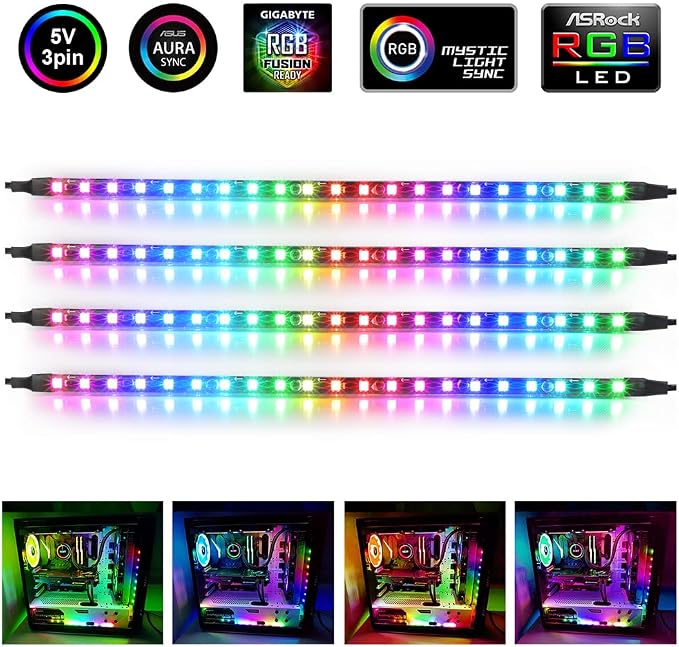 Magnetic NEON Addressable RGB PC LED Strip, 4x13.7inch Flexible Diffused Silicon ARGB Strip for 5V 3-pin LED Header, Compatible with ASUS Aura SYNC, Gigabyte ARGB Fusion (4 Strips) - Image 2