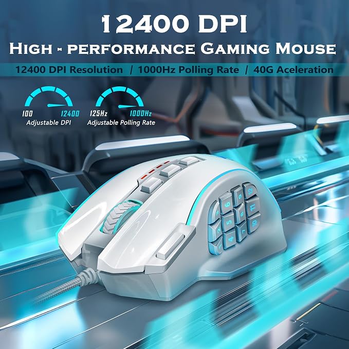Redragon Gaming Mouse, MMO Gaming Mouse UP 12400 DPI, 19 Macro Programmable Buttons, RGB Mouse with 12 Side Buttons, 8 * 2.4g Weight Tuning for PC Laptop MOBA FPS, White - Image 2