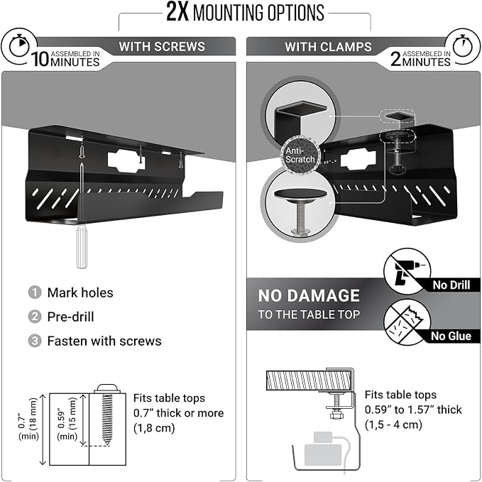 Under Desk Cable Management Tray no Drill – Wire Management - Cord Organizer – Huge Load Capacity – Under Desk Cable Tray no Drill (Black, 1 Piece Set) - Image 3