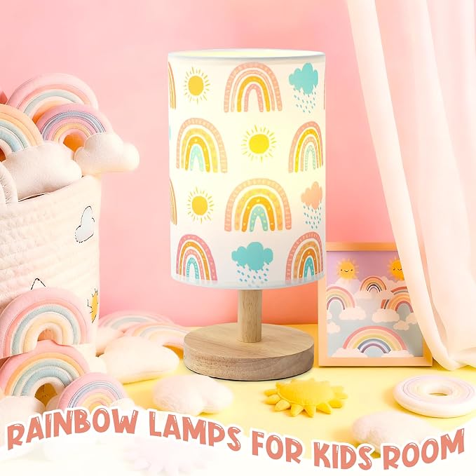 Rainbow Table Lamp for Kids Bedroom - Boho Rainbow Kids Bedside Lamp with Linen Wooden Nightstand Cartoon Nursery Lampshade for Girls Room Decor - Image 6