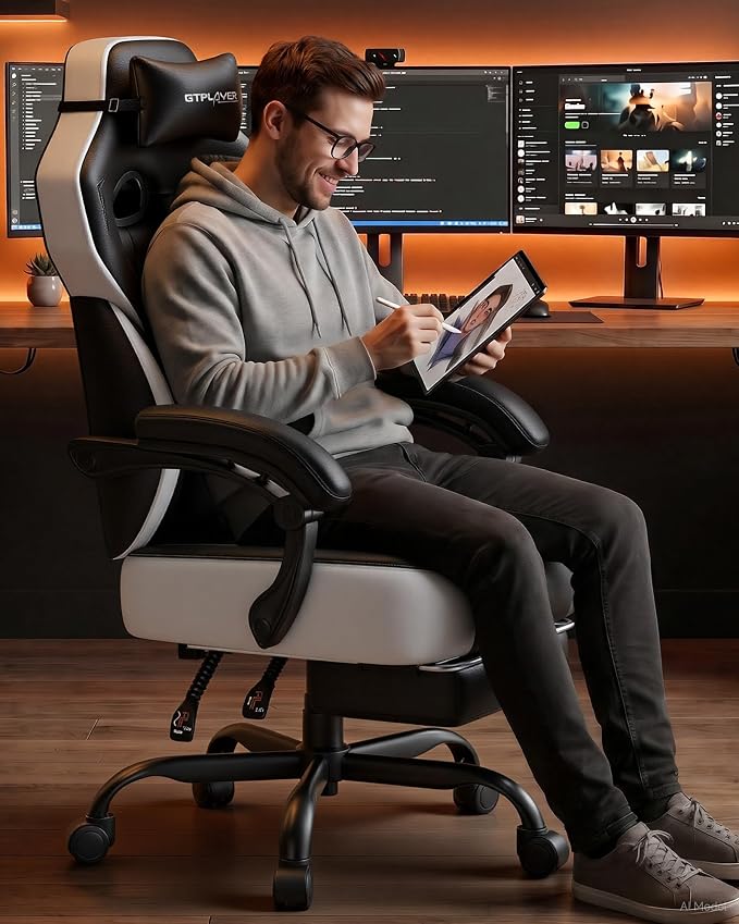 GTPLAYER Big & Tall Gaming Chair, Wide Seat with Footrest, Jet Black | Ergonomic High Back Computer Desk Chair for Adults, Comfort Padded Seat with Lumbar Support Armrests Recliner for Office/Home - Image 2