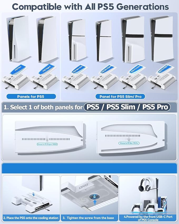 PS5/Slim/Pro Stand and Cooling Station with LED Controller Charging Station for PlayStation 5 Console, Controller Charger, Cooling Stand, PS5/Slim/Pro Skin Accessories Kit with 3 Level Cooler Fan - Image 2
