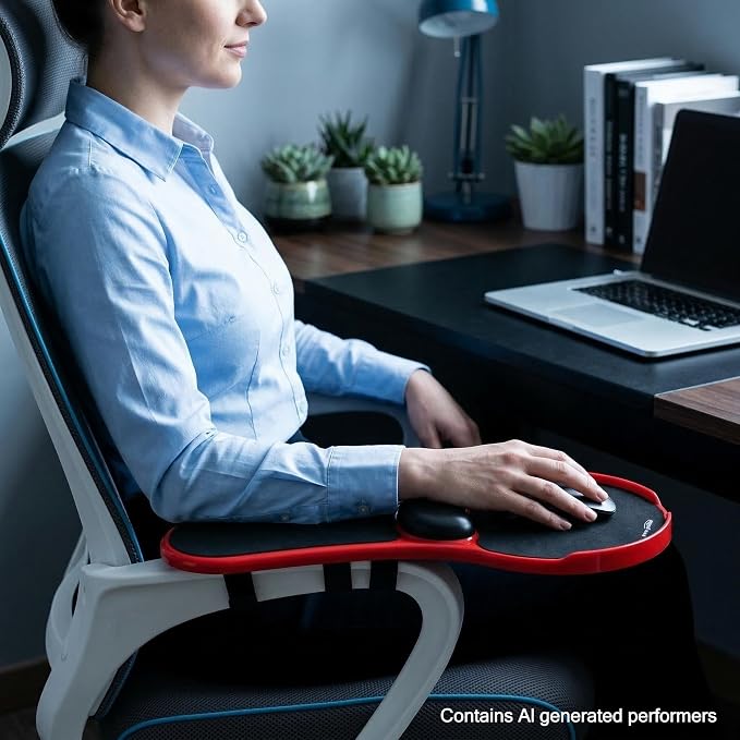Ergonomic Adjustable Chair Arm Rest Mouse Pad with Wrist Cushion,Mouse Extension Platform Tray with Anti-Fall Baffle, Chair Attachment Arm Support with Straps (Red) - Image 6