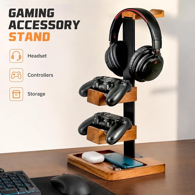 Headset Stand with Dual Controller Holder, Solid Wood | Headphone Stand with Storage Base, Gaming Equipment Accessories for Desk, Controller Holder for Gamers - Image 7