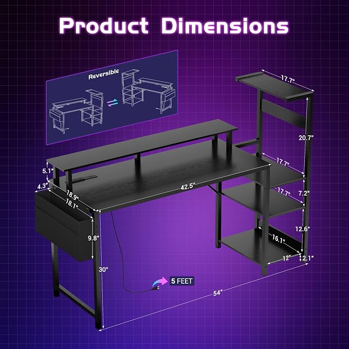 Gaming Desk 54 Inch Computer Table with Storage Shelves & Monitor Stand - Image 4