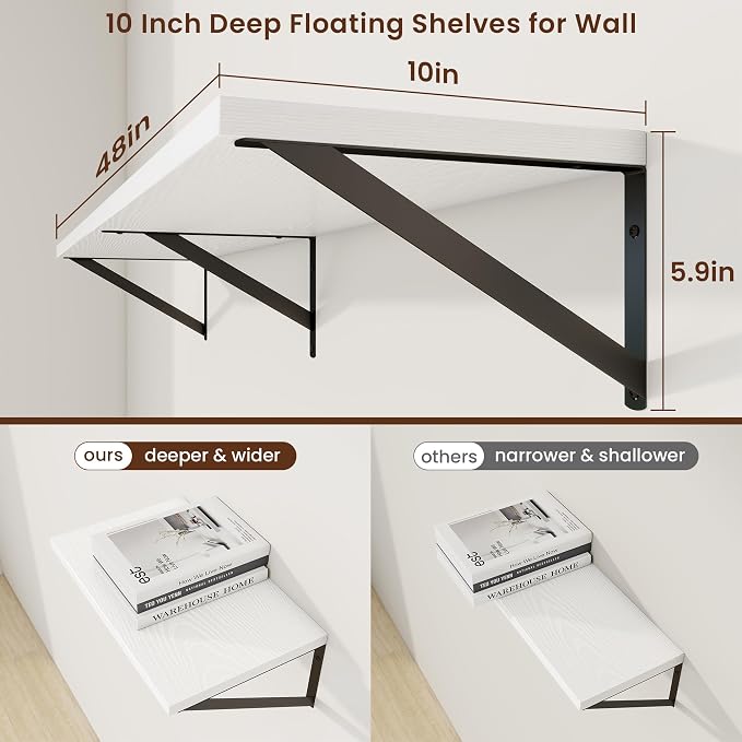Axeman Deep Floating Shelves, 48'' x 10'' White Wall Shelves Set of 2 - Image 3
