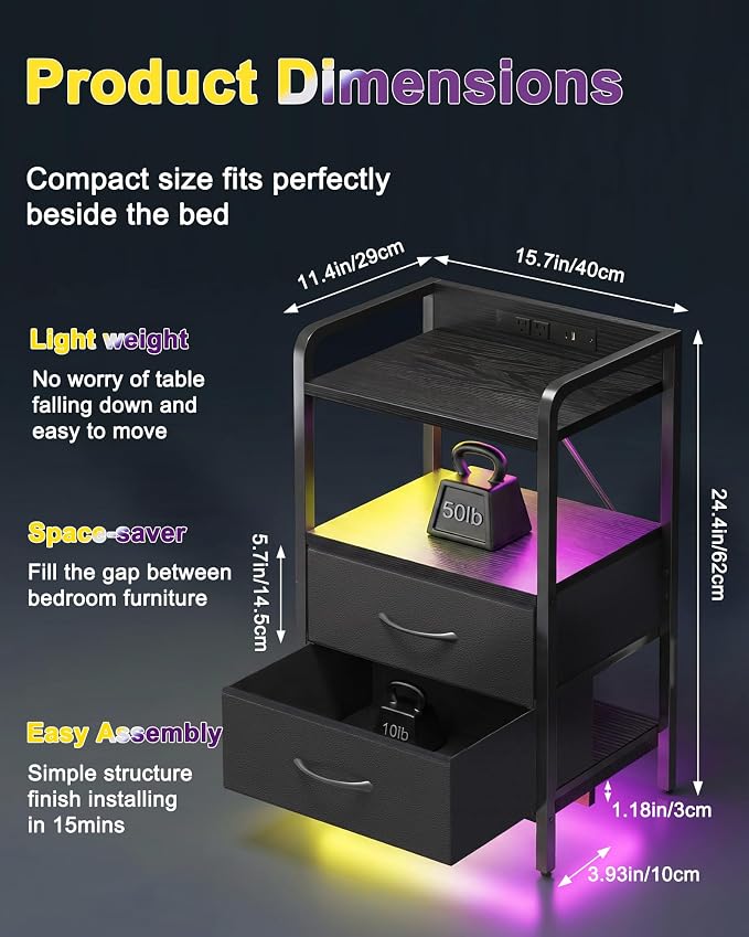 Fixwal Led Nightstand with Multiple Gradient Color Light Effects, Black - Image 2