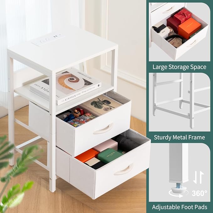 Yoobure Nightstand with Charging Station, Small Night Stand with Fabric Drawers and Storage Shelf for Bedrooms, Nightstands for Small Spaces, Bedside Table with USB Ports & Outlets, Bed Side Table - Image 8