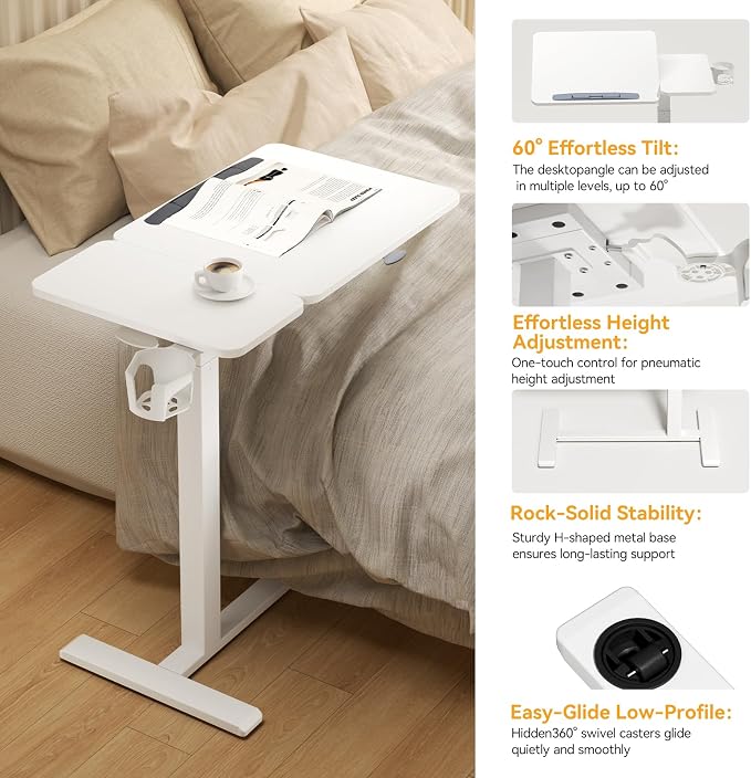 Overbed Bedside Table with Wheels, Pneumatic Adjustable Medical Tilt Top Hospital Bed Table Over The Bed, Rolling Laptop Desk, Mobile Standing Desk for Hospital and Home Use, White - Image 5