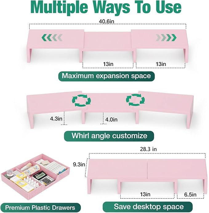 OPNICE Dual Computer Monitor Stand Riser, Desk Organizer with Drawer, Office Desk Accessories & Workspace Organizers for Home Office Supplies, Pink - Image 7