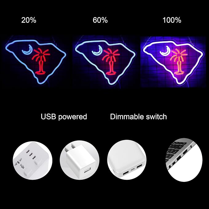 South Carolina Flag Neon Light Sign Palmetto Tree Moon Neon Sign USB Powered for Room Decor S.C. Flag LED wall sign Tree moon Neon Signs Led Neon Light sign for Wall Decor Game Room Man Cave Pub Party Birthday Gifts 15.32*11.6 Inch - Image 2