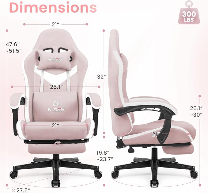 N-GEN GAMING Gaming Chair, Reclining Backrest, Footrest, Fabric, Pink | Ergonomic Design with Reclining Backrest, Linkage Armrests and High-Density Foam, Comfy Seating for Computer or Home Office - Image 3