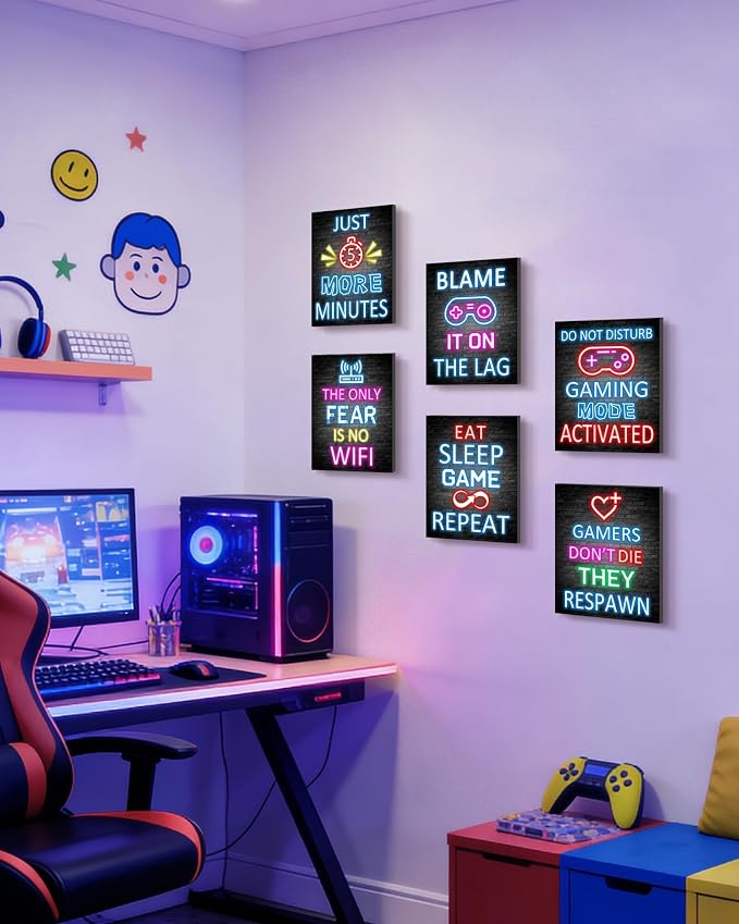 KUVIOKE Video Gamer Room Neon Decor for Teen Boys Gaming Wall Art Gamer Signs Teenage Bedroom Decor Set of 6, 8x10in (Framed) - Image 2