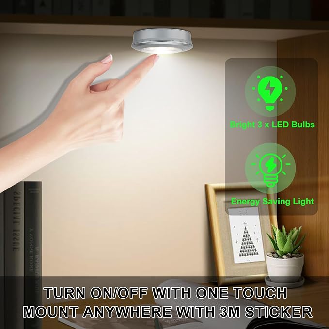 BIGMONAT LED Puck Light, Stick on Lights, Closet Lights Battery Operated, Tap Lights, 60 Lumens Touch Light, Under Cabinet Lighting, Ideal for Kitchen Cabinets, Closets, 3-Pack, Silver - Image 6