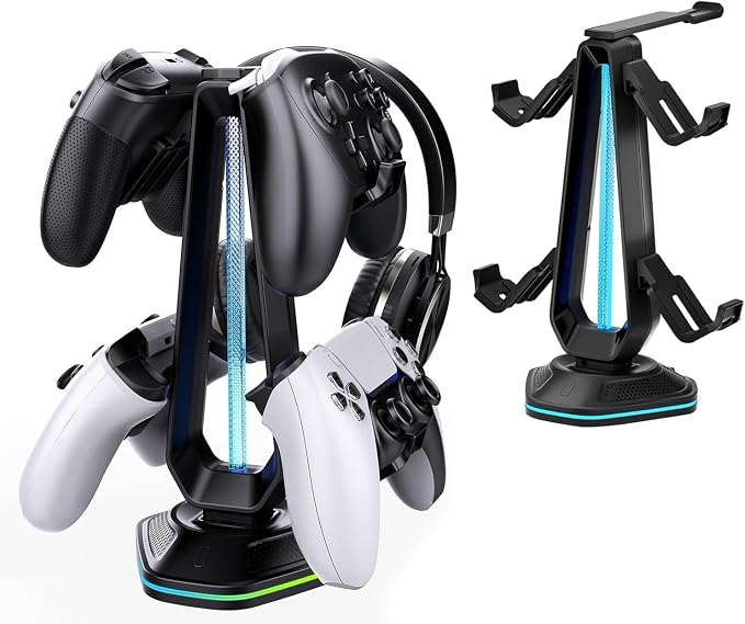 Saitake RGB Controller Stand, Gaming Controller Holder with 9 Light Modes, 2 USB Charging Ports, Headset Stand, Desk Organizer for Xbox PS5 PS4 Switch PC, 4 Controllers & 1 Headphone (Black) by Unknown