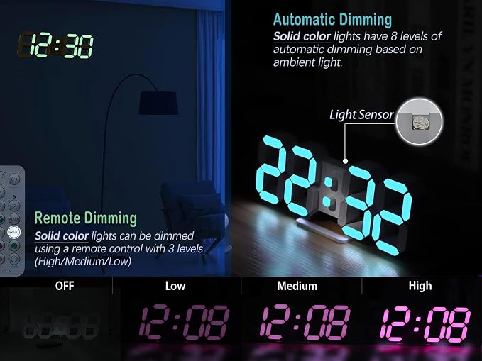 KOSUMOSU Wall Clock Neon Digital Clock 3D LED Desk Clock Large Display 9.7" RGB Clock Alarm Clock for Bedroom Living Room,Remote,Brightness Dimming, Date,Temp - Image 4