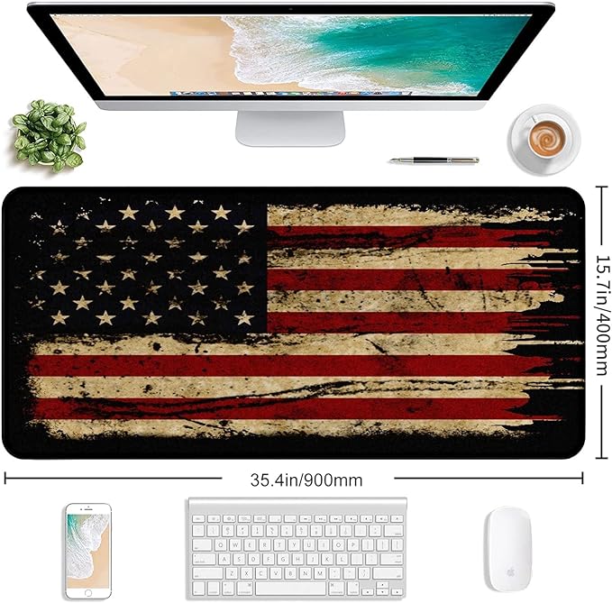 Retro American Flag XL Gaming Mouse Pad with Stitching Edge Laptop Desk Mat | Large Extended Mouse Pad; Full Desk Coverage; Waterproof Coating; Stable Anti-Slide Base For Gaming, Office, Study Daily Use - Image 2