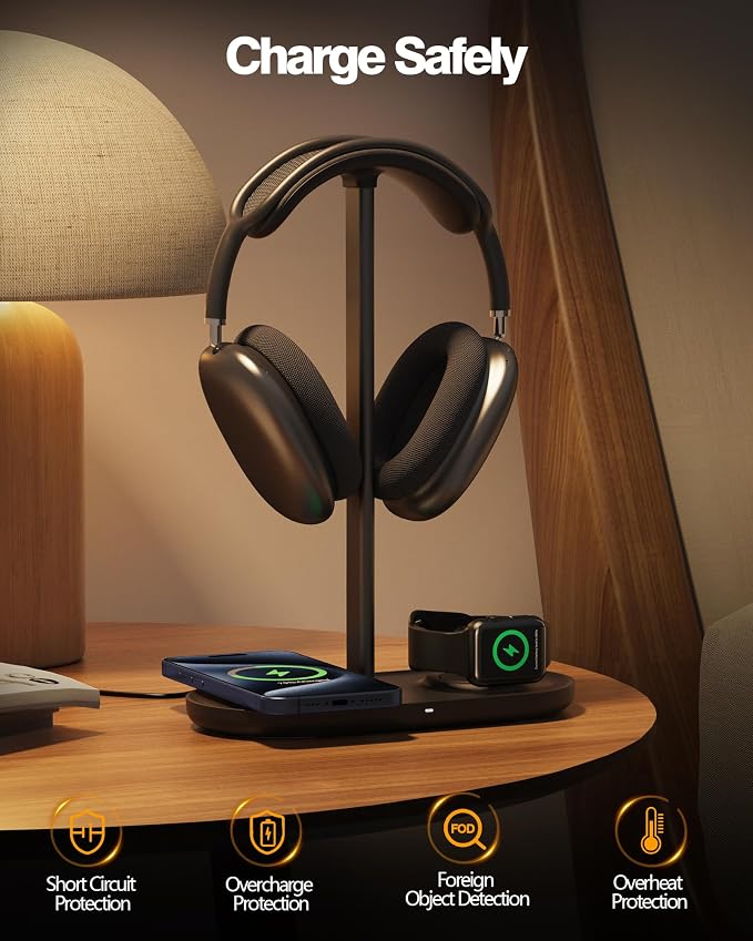 HiWe Headphone Stand, 2-in-1 MagSafe Wireless Charger for iPhone/iWatch | Headset Holder for All Headphones, Aluminum Alloy Bar, ABS Solid Base, PU Headrest, Table Desk Organizer - Image 4