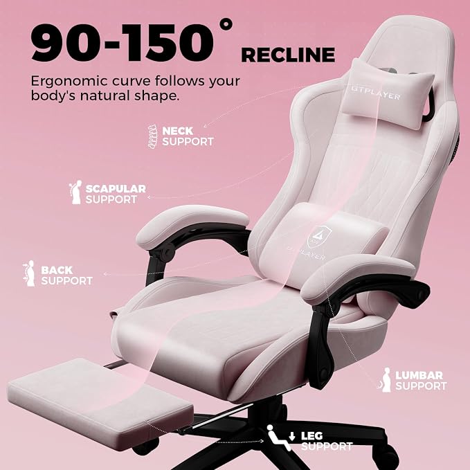 GTPLAYER ACE-PRO Music Gaming Chairs – Built-in Speakers, App Support & Bluetooth Control, Computer Game Chairs with Footrest for Adults, Ergonomic Reclining Silla, Linkage Armrest, Pink 【Velvet】 - Image 8
