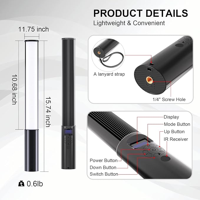 RGB LED Light Wand 360°RGB Handheld Video Light Stick for Studio Photography, Battery Powered Tube Lights, 12 Lighting Effects, 2500-6500K Dimmable Camera Light with LCD - Image 6