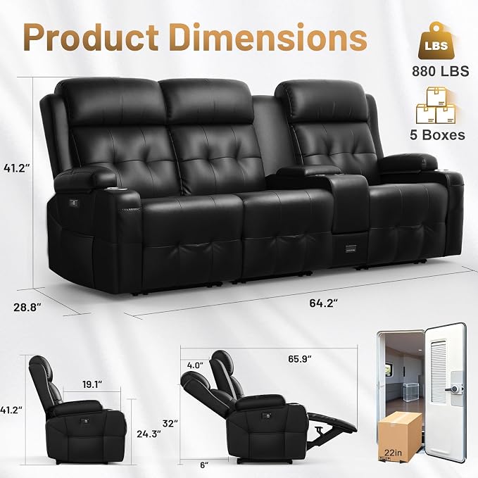 RV Loveseat Recliner Sofa, Home Theater Seating with Console & Massage - Image 2