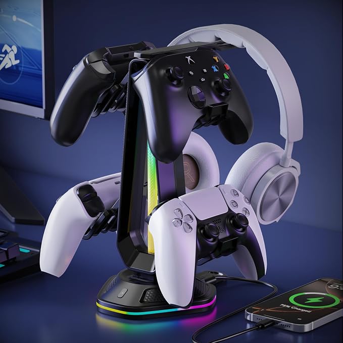 Luckit Gaming Headphones Stand, RGB Headset Stand with 12 Light Modes, Controller Holder with 2 USB Charging Ports - Supports Data Transfer, Earphone Hanger Accessories for Desktop Gamer by Luckit