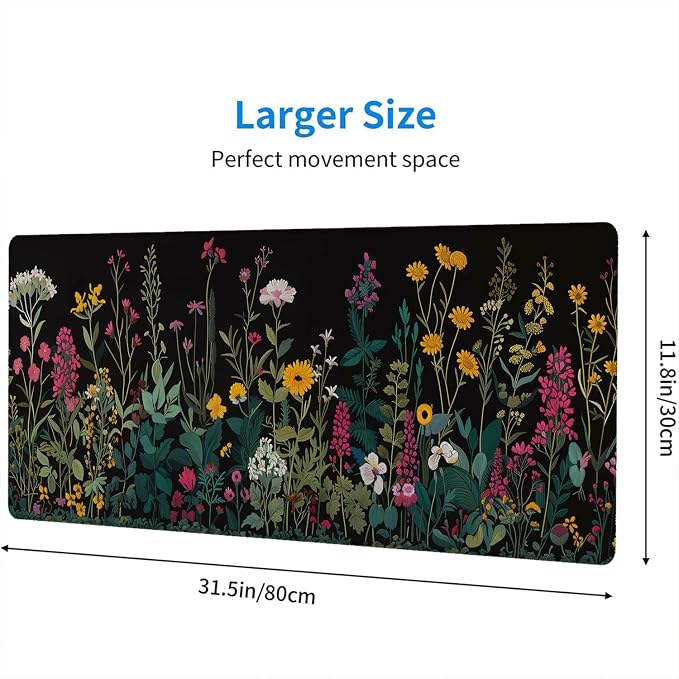 Floral Desk Pad Mouse Pad Weeds Flower Aesthetic Wildflower Mousepad XL Large Gaming Mouse Pad Laptop Keyboard Mat Desk Pad Office Home Decor for Women Girl 31.5"x11.8" - Image 2