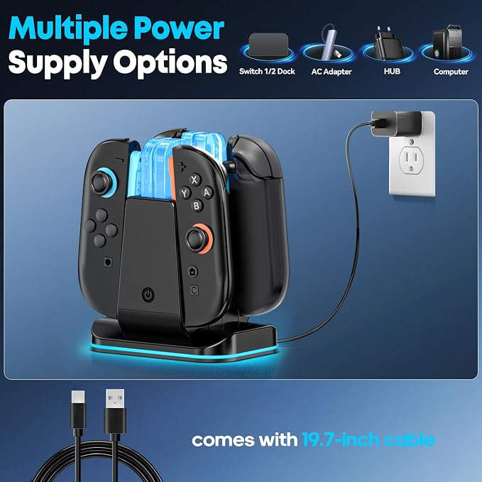 Switch 1/2 Controller Charger for Nintendo Switch 1/ OLED Joycon, Charging Docking Station, Storage Stand with Charge Cable，2-in-1 Charger Dock for Joy con 2/1 Accessories - Image 4