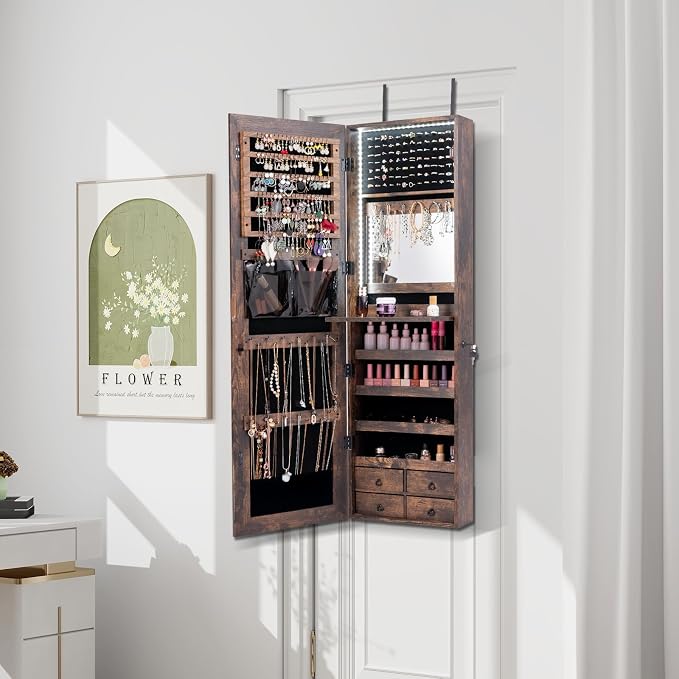 LDAILY 47” LED Jewelry Armoire, Door/Wall Mounted Mirror with Storage, 4 Shelves & Drawers, Full Length Mirror & Flip-up Makeup Tray, Lockable Jewelry Organizer Cabinet for Women & Girls(Rustic Brown) - Image 9