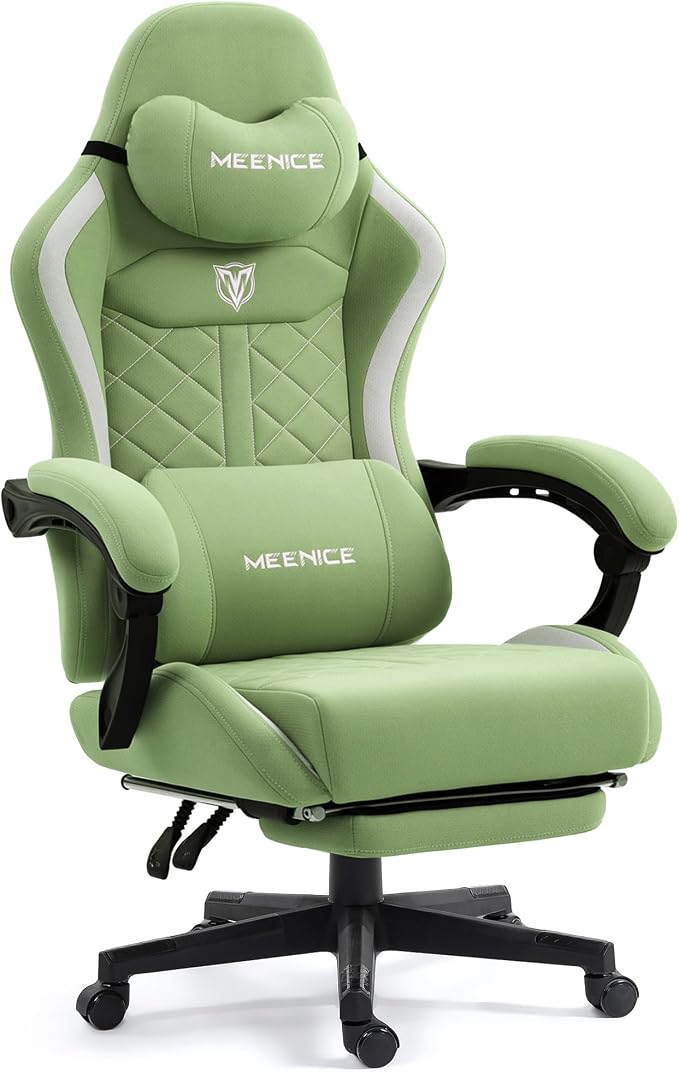Big and Tall Gaming Chair Fabric with Footrest, Massage Lumbar for Adults | Ergonomic High Back Gamer Chair with Pocket Spring Cusion, Wide Video Game Chair Comfy for Big Guys 400LBS Home Office Green by MEENICE