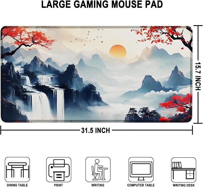 Large Gaming Mousepad, Waterproof Extra Large Mouse Pad with Stitched Edges, 31.5" x 15.7" Non-Slip Rubber Base Office Big Long Keyboard Pad for Office Gamer Home XXL, (Mountains Waters) - Image 3
