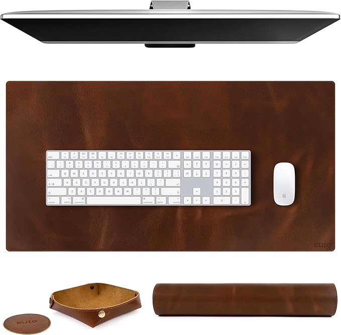 Elizo Real Leather Desk Mat Set (32x16) Large Desk Cover Desk Blotter Protector Computer Gaming Mouse Pad Table Laptop Office Desktop Accessories by Elizo